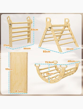Ensemble d'escalade en bois 5 en 1 - triangle pikler, arche, bascule, toboggan, rampe