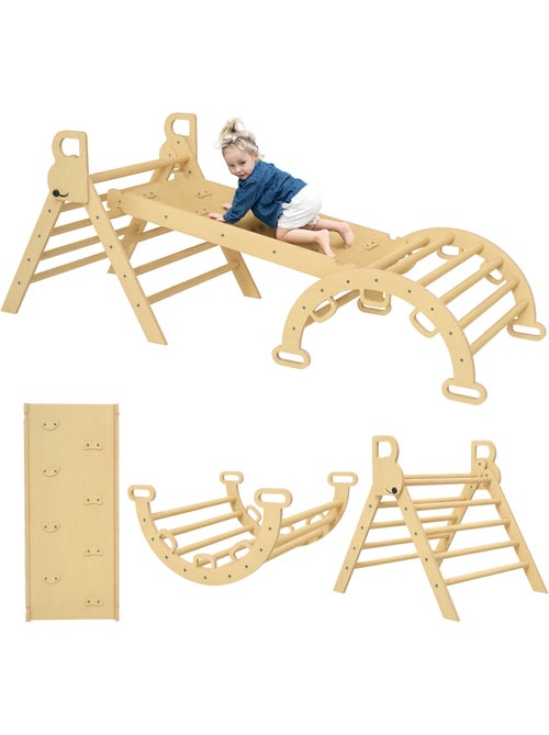 Ensemble d'escalade en bois 5 en 1 - triangle pikler, arche, bascule, toboggan, rampe - Kiabi Ensemble d'escalade en bois 5 en 1 - triangle pikler, arche, bascule, toboggan, rampe - Kiabi