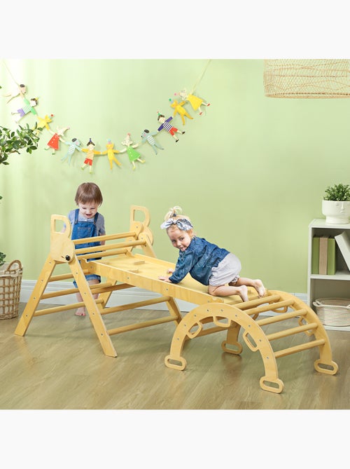 Ensemble d'escalade en bois 5 en 1 - triangle pikler, arche, bascule, toboggan, rampe - Kiabi Ensemble d'escalade en bois 5 en 1 - triangle pikler, arche, bascule, toboggan, rampe - Kiabi