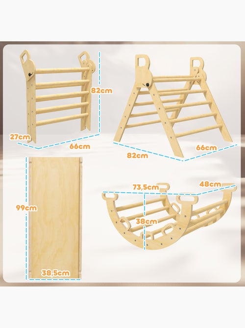 Ensemble d'escalade en bois 5 en 1 - triangle pikler, arche, bascule, toboggan, rampe - Kiabi Ensemble d'escalade en bois 5 en 1 - triangle pikler, arche, bascule, toboggan, rampe - Kiabi