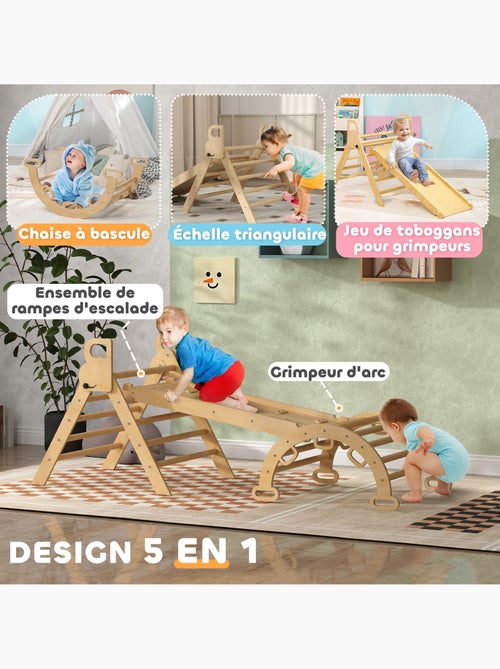 Ensemble d'escalade en bois 5 en 1 - triangle pikler, arche, bascule, toboggan, rampe - Kiabi Ensemble d'escalade en bois 5 en 1 - triangle pikler, arche, bascule, toboggan, rampe - Kiabi