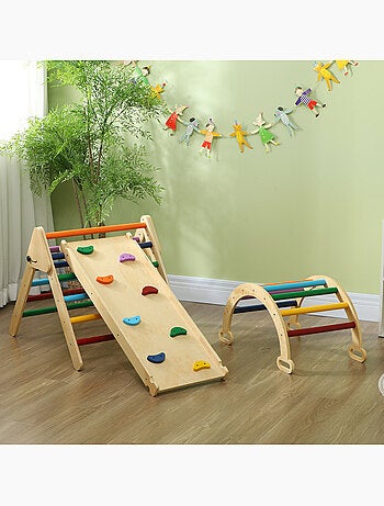 Ensemble d'escalade en bois 5 en 1 - triangle pikler, arche, bascule, toboggan, rampe