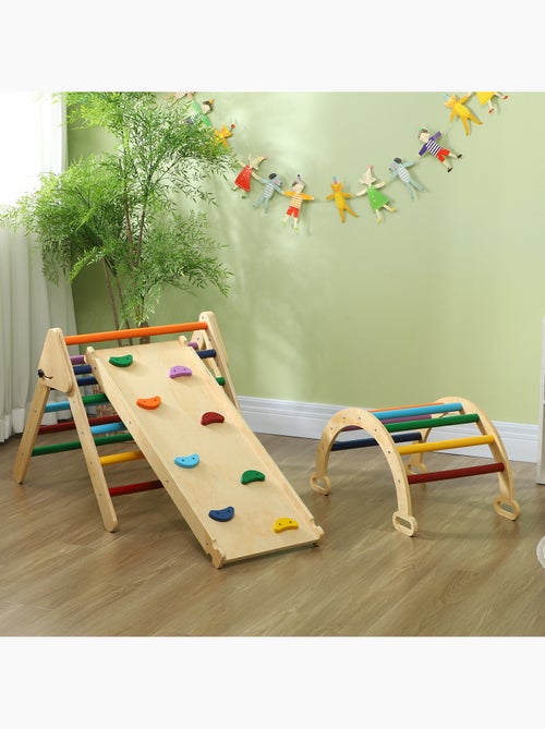 Ensemble d'escalade en bois 5 en 1 - triangle pikler, arche, bascule, toboggan, rampe - Kiabi
