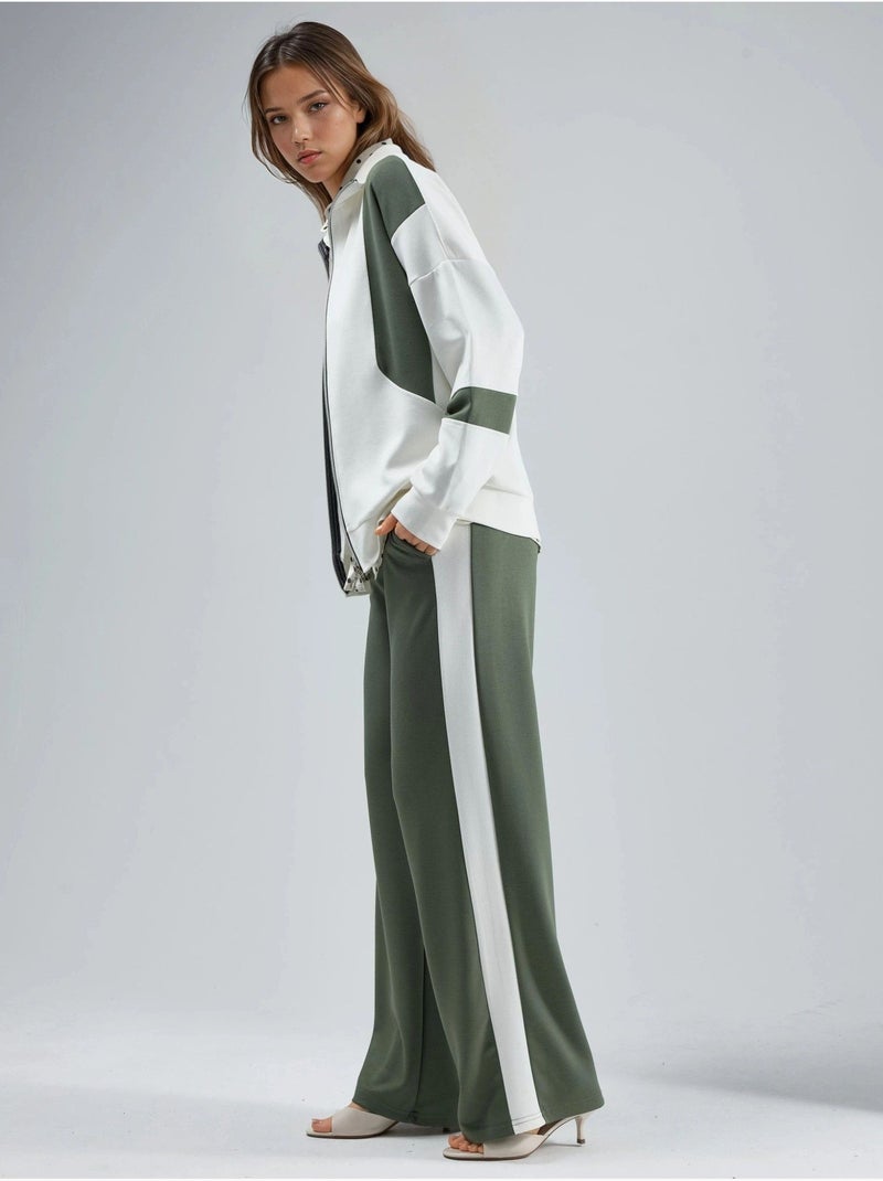 Ensemble deux pièces à jambes larges et col zippé color block hiccup Kaki - Kiabi