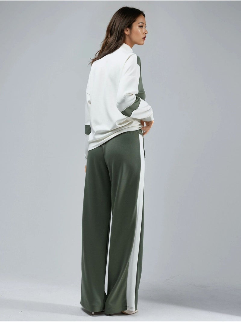 Ensemble deux pièces à jambes larges et col zippé color block hiccup Kaki - Kiabi