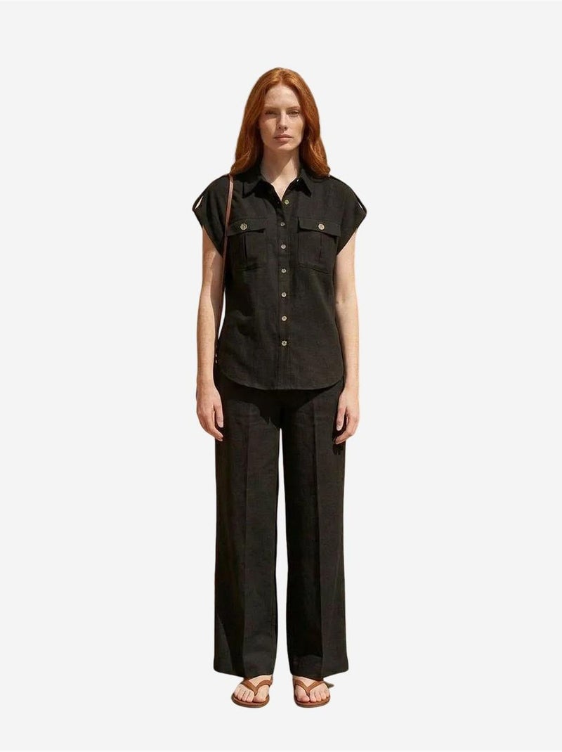 Ensemble deux pièces à jambes larges taille haute avec col de chemise my fashion Noir - Kiabi