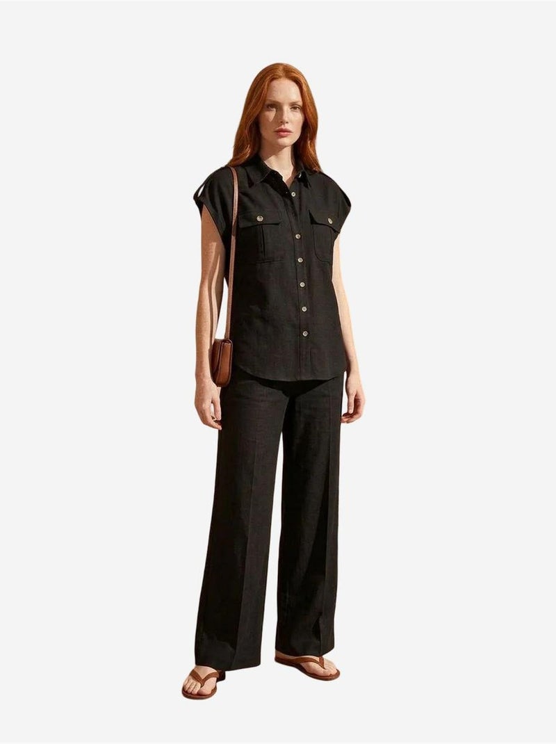 Ensemble deux pièces à jambes larges taille haute avec col de chemise my fashion Noir - Kiabi
