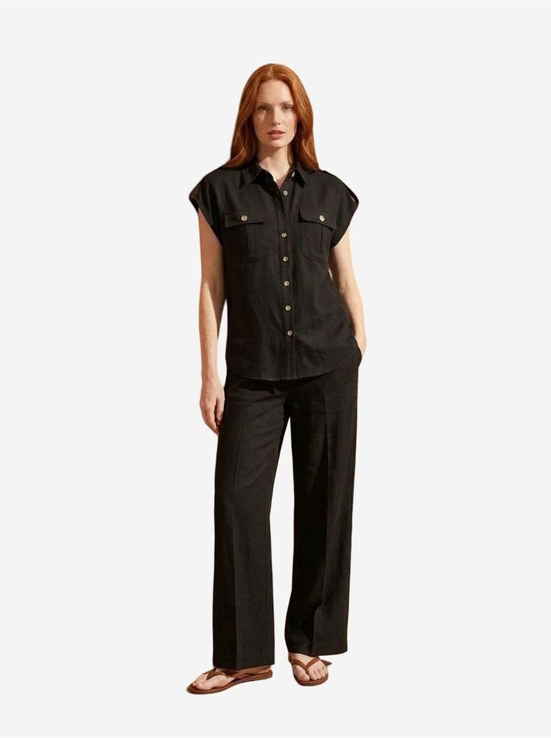 Ensemble deux pièces à jambes larges taille haute avec col de chemise my fashion Noir - Kiabi