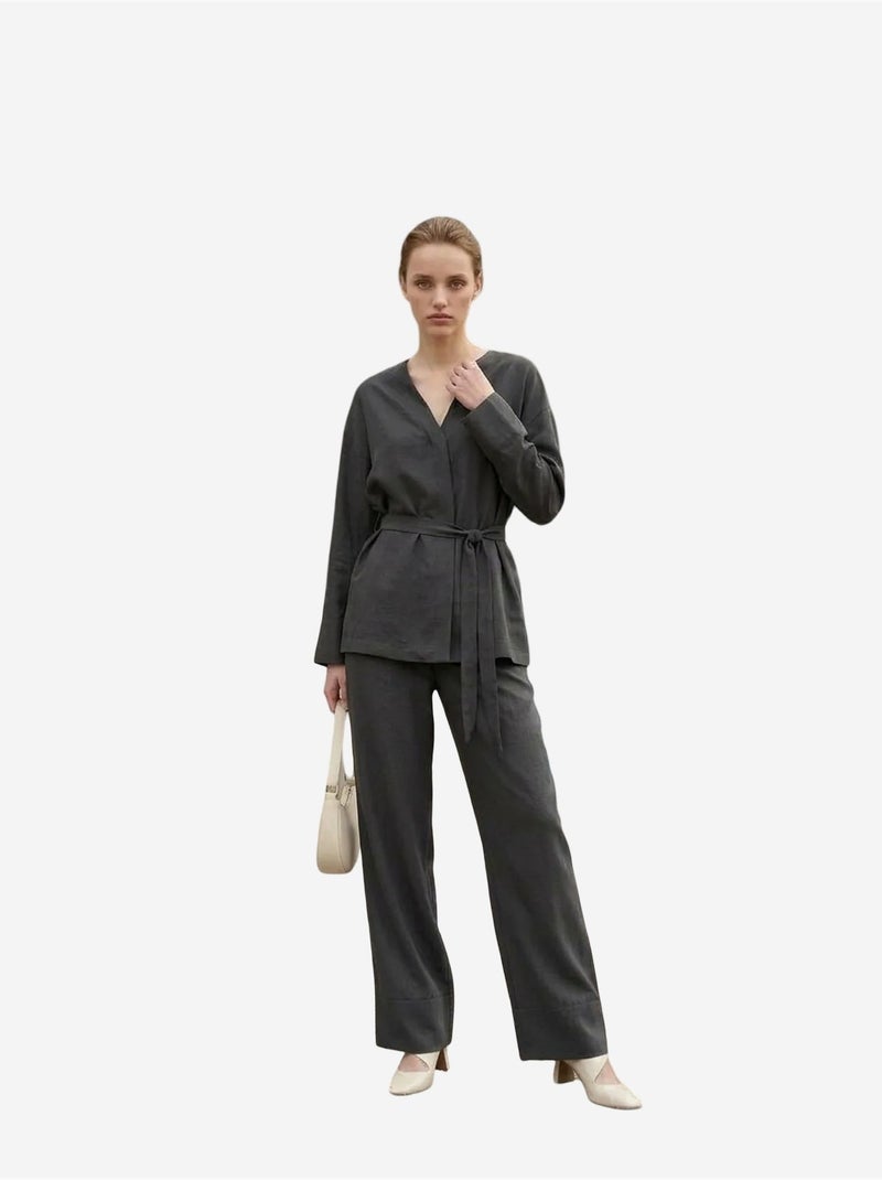 Ensemble deux pièces à manches longues et col en v ceinturé my fashion Gris Noir - Kiabi