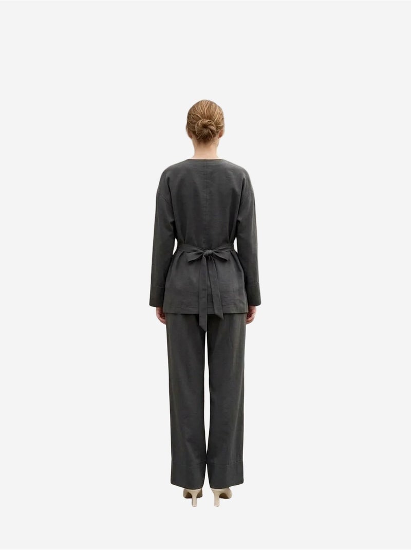 Ensemble deux pièces à manches longues et col en v ceinturé my fashion Gris Noir - Kiabi