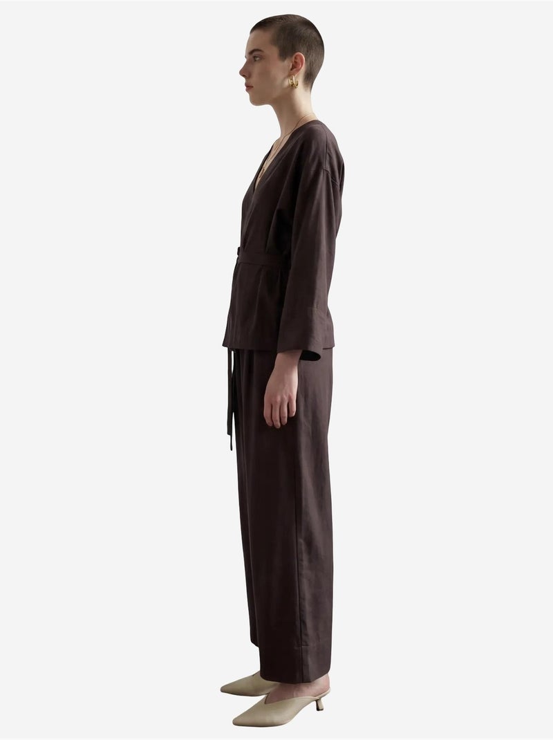 Ensemble deux pièces à manches longues et col en v ceinturé my fashion Marron - Kiabi