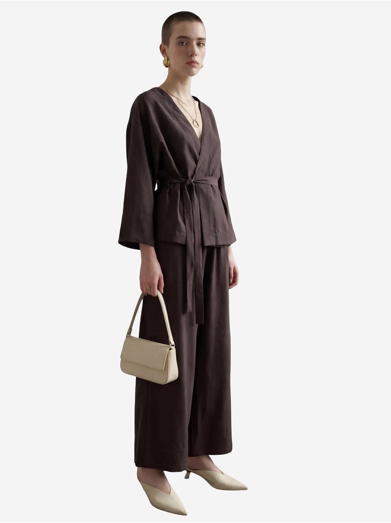 Ensemble deux pièces à manches longues et col en v ceinturé my fashion Marron - Kiabi