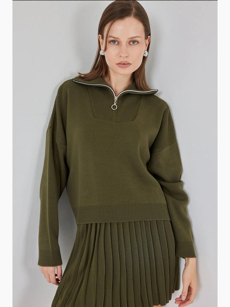 Ensemble deux pièces à manches longues et col zippé avec jambe large bdart Kaki - Kiabi