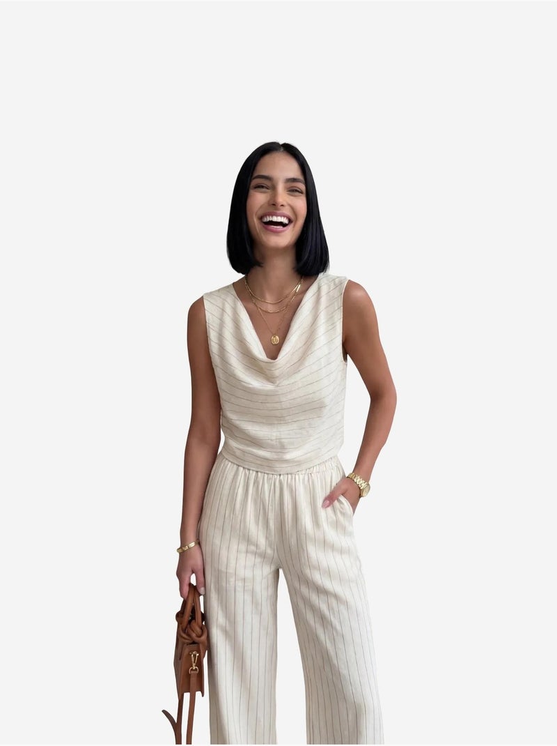 Ensemble deux pièces à rayures taille haute et col bénitier my fashion Beige - Kiabi
