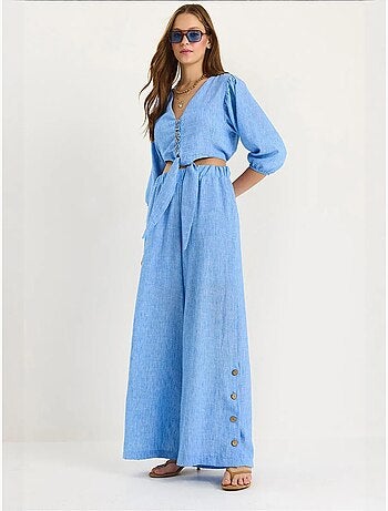 Ensemble deux pièces avec chemisier à nouer, ourlet boutonné doublé et pantalon doublé lucci