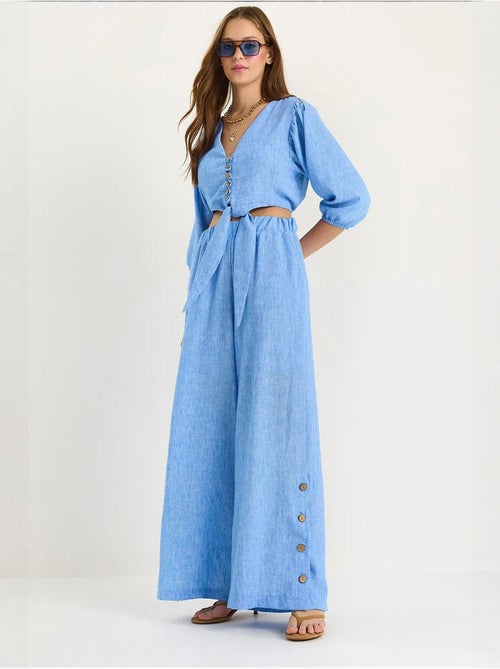 Ensemble deux pièces avec chemisier à nouer, ourlet boutonné doublé et pantalon doublé lucci - Kiabi Ensemble deux pièces avec chemisier à nouer, ourlet boutonné doublé et pantalon doublé lucci - Kiabi