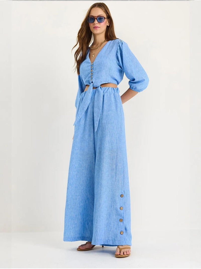 Ensemble deux pièces avec chemisier à nouer, ourlet boutonné doublé et pantalon doublé lucci Bleu saphir - Kiabi