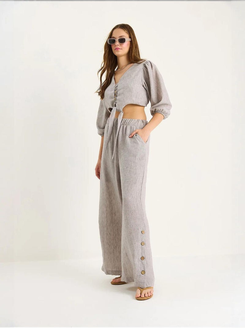 Ensemble deux pièces avec chemisier à nouer, ourlet boutonné doublé et pantalon doublé lucci Gris - Kiabi