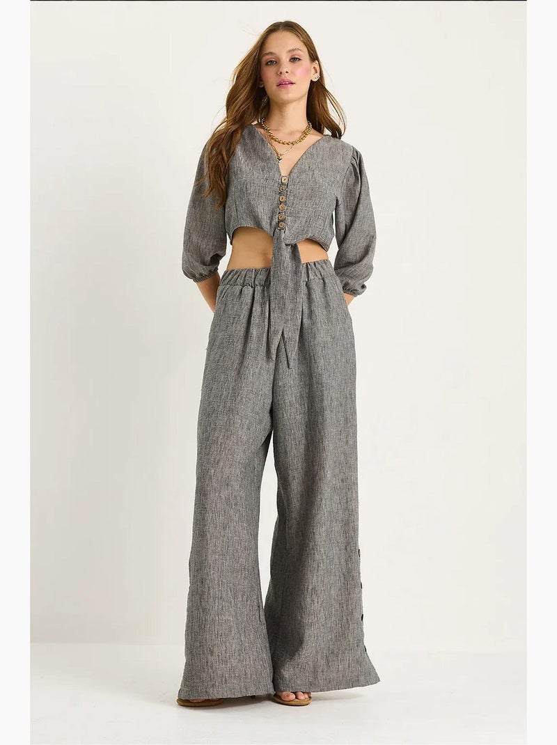 Ensemble deux pièces avec chemisier à nouer, ourlet boutonné doublé et pantalon doublé lucci Gris Noir - Kiabi