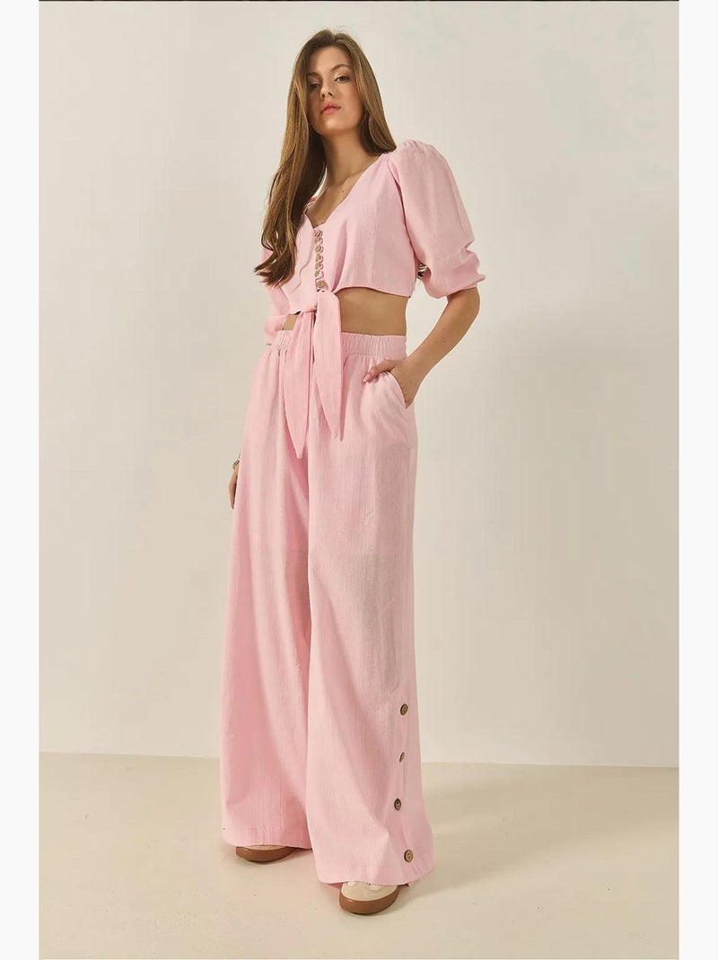 Ensemble deux pièces avec chemisier à nouer, ourlet boutonné doublé et pantalon doublé lucci Rose clair - Kiabi
