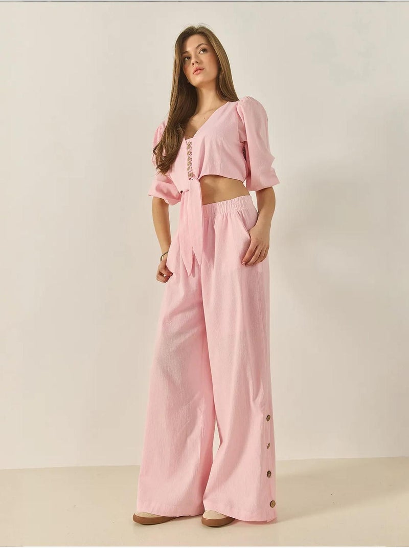 Ensemble deux pièces avec chemisier à nouer, ourlet boutonné doublé et pantalon doublé lucci Rose clair - Kiabi