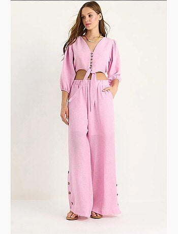 Ensemble deux pièces avec chemisier à nouer, ourlet boutonné doublé et pantalon doublé lucci