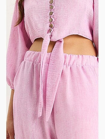 Ensemble deux pièces avec chemisier à nouer, ourlet boutonné doublé et pantalon doublé lucci