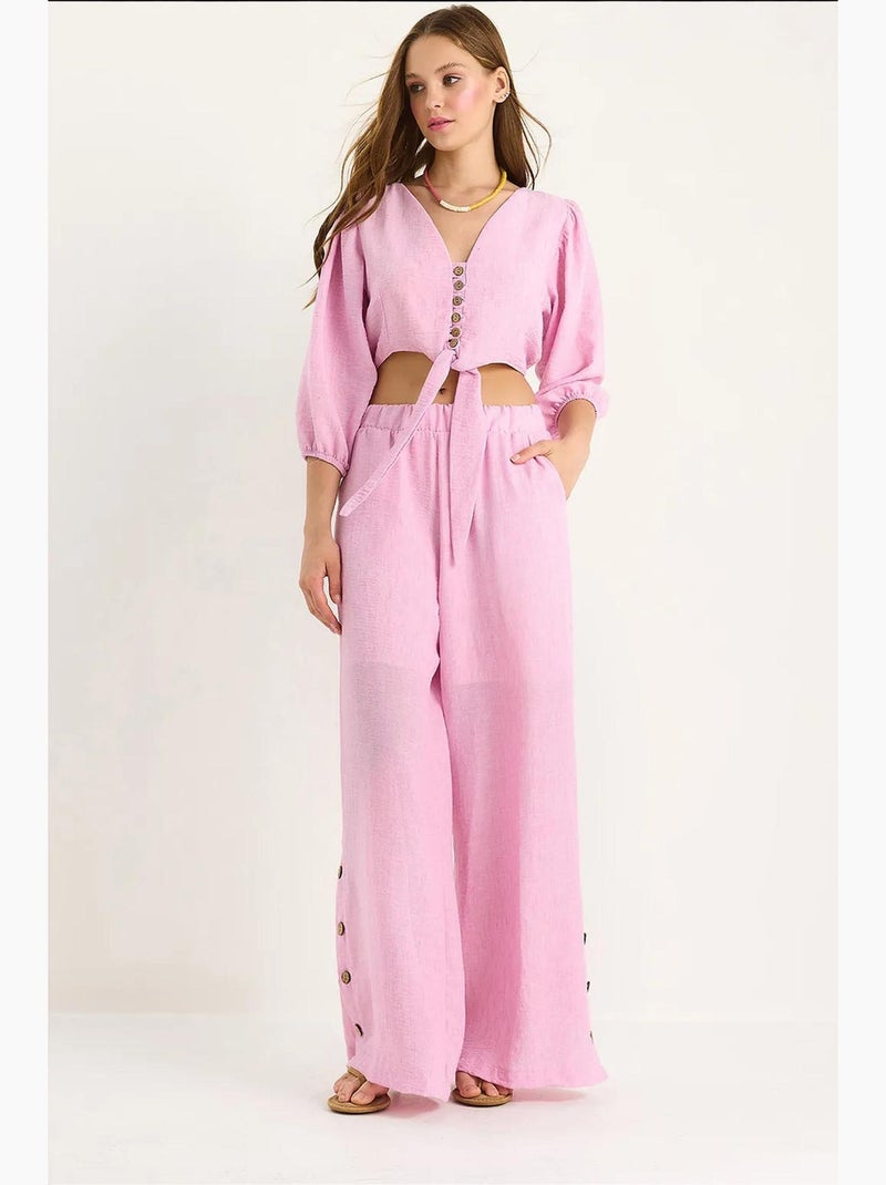 Ensemble deux pièces avec chemisier à nouer, ourlet boutonné doublé et pantalon doublé lucci Rose fluo/Solinotes - Kiabi