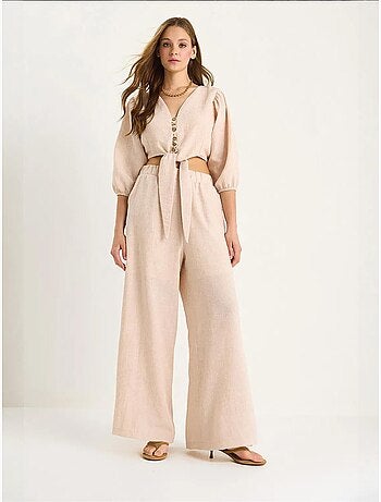 Ensemble deux pièces avec chemisier à nouer, ourlet boutonné doublé et pantalon doublé lucci