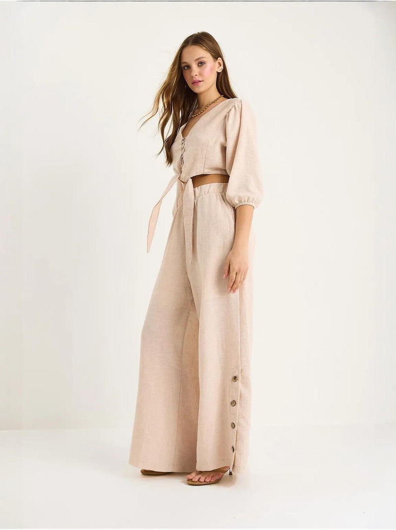 Ensemble deux pièces avec chemisier à nouer, ourlet boutonné doublé et pantalon doublé lucci Sable - Kiabi