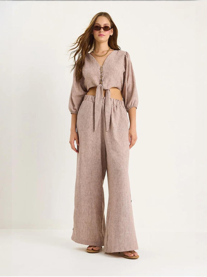 Ensemble deux pièces avec chemisier à nouer, ourlet boutonné doublé et pantalon doublé lucci Taupe - Kiabi