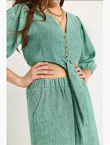 Ensemble deux pièces avec chemisier à nouer, ourlet boutonné doublé et pantalon doublé lucci