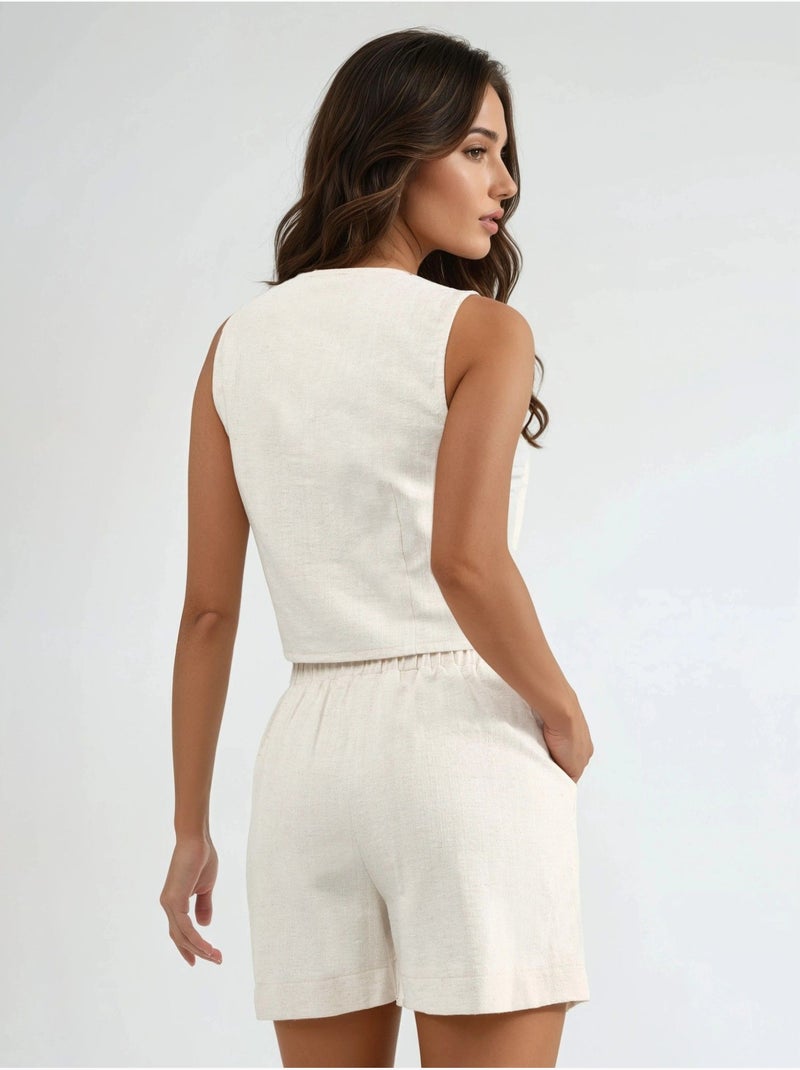 Ensemble deux pièces avec gilet et short en mélange de lin Ivoire - Kiabi