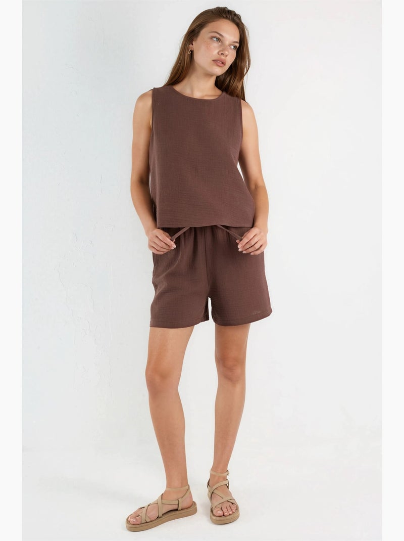 Ensemble deux pièces avec top en mousseline sans manches et short hiccup Marron chocolat - Kiabi