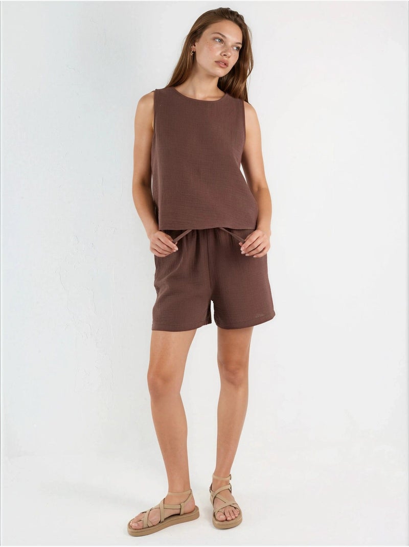 Ensemble deux pièces avec top en mousseline sans manches et short Marron chocolat - Kiabi