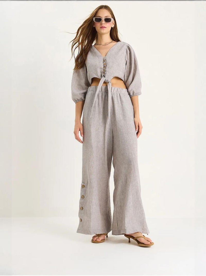 Ensemble deux pièces bianco avec chemisier à nouer, ourlet boutonné doublé et pantalon doublé lucci Gris - Kiabi