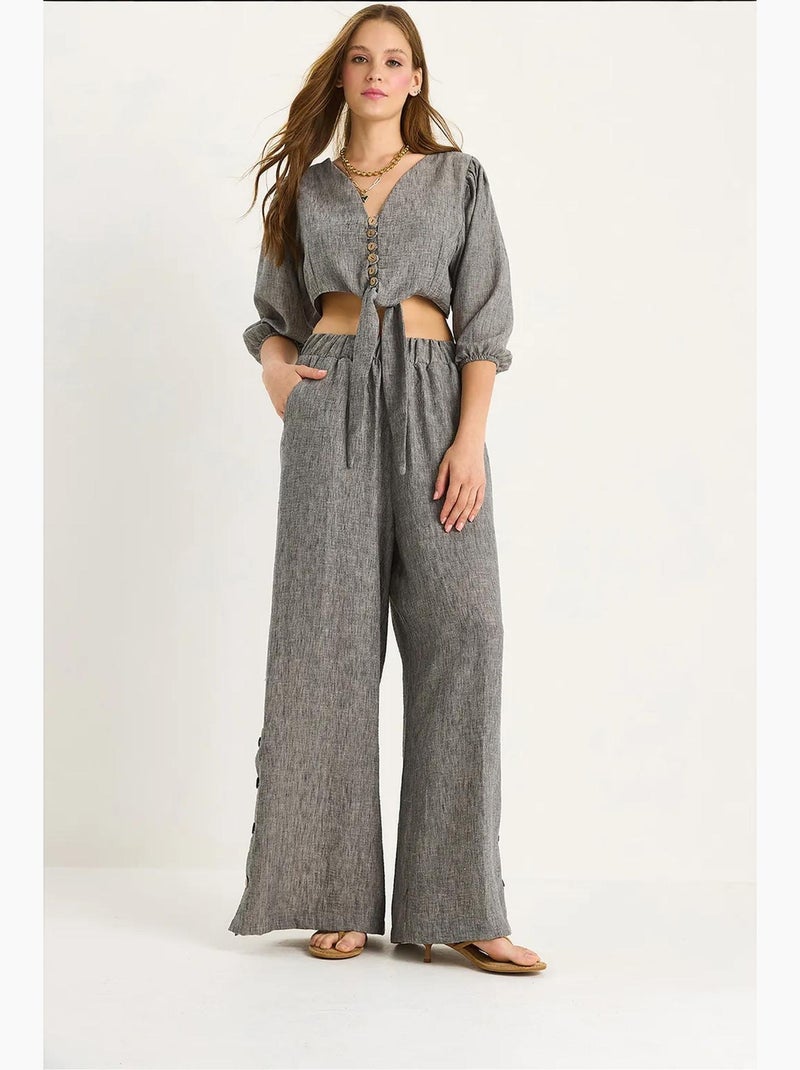Ensemble deux pièces bianco avec chemisier à nouer, ourlet boutonné doublé et pantalon doublé lucci Gris Noir - Kiabi