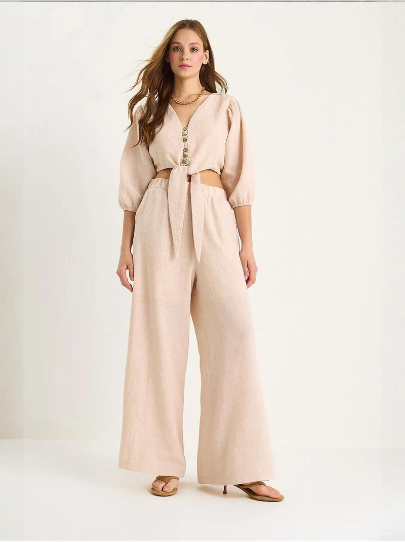Ensemble deux pièces bianco avec chemisier à nouer, ourlet boutonné doublé et pantalon doublé lucci Sable - Kiabi