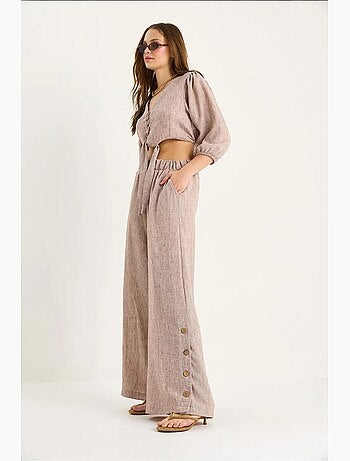 Ensemble deux pièces bianco avec chemisier à nouer, ourlet boutonné doublé et pantalon doublé lucci