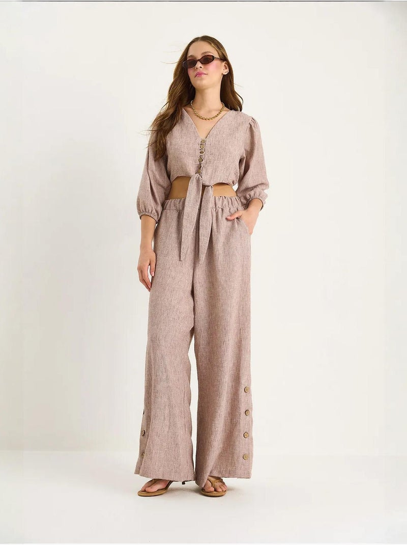 Ensemble deux pièces bianco avec chemisier à nouer, ourlet boutonné doublé et pantalon doublé lucci Taupe - Kiabi