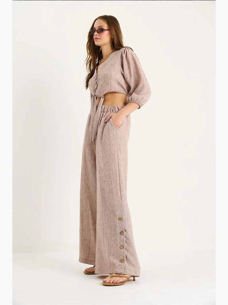 Ensemble deux pièces bianco avec chemisier à nouer, ourlet boutonné doublé et pantalon doublé lucci Taupe - Kiabi