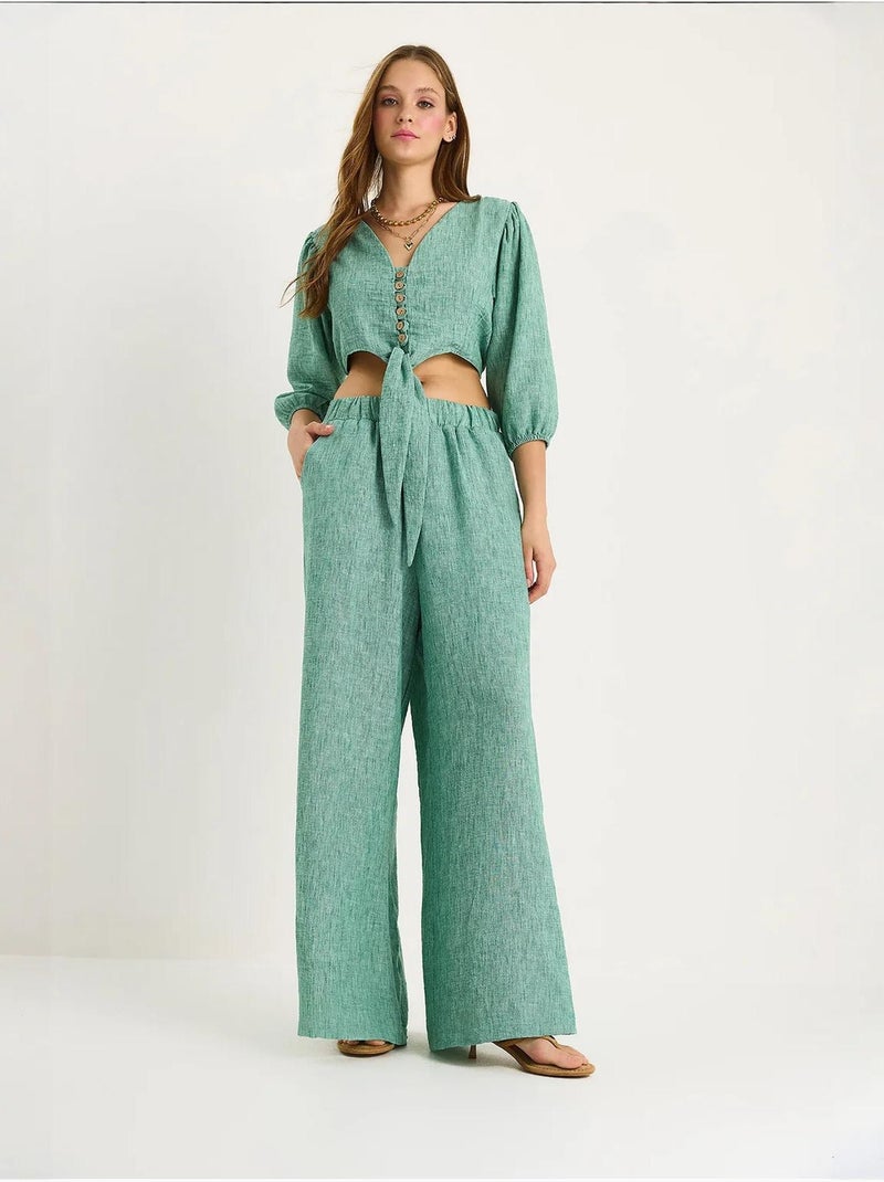 Ensemble deux pièces bianco avec chemisier à nouer, ourlet boutonné doublé et pantalon doublé lucci Vert - Kiabi