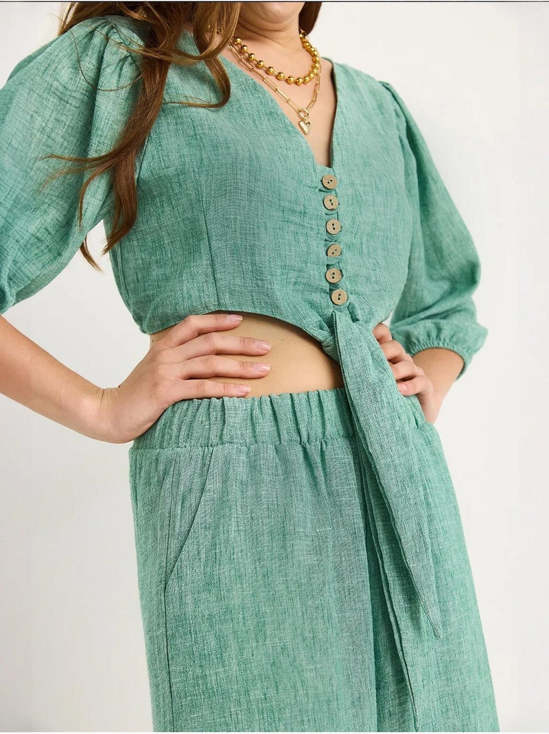 Ensemble deux pièces bianco avec chemisier à nouer, ourlet boutonné doublé et pantalon doublé lucci Vert - Kiabi