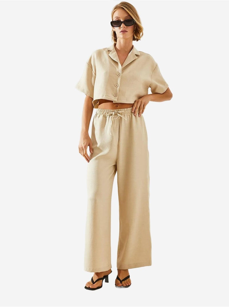 Ensemble deux pièces bianco , haut court à col veste et pantalon boutonné à poches lucci Beige argile - Kiabi