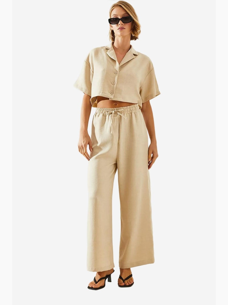Ensemble deux pièces bianco , haut court à col veste et pantalon boutonné à poches lucci Beige argile - Kiabi