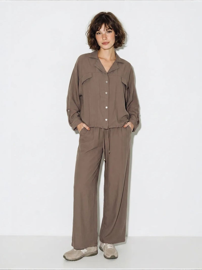 Ensemble deux pièces : blouse et pantalon large en crêpe lucci Taupe - Kiabi