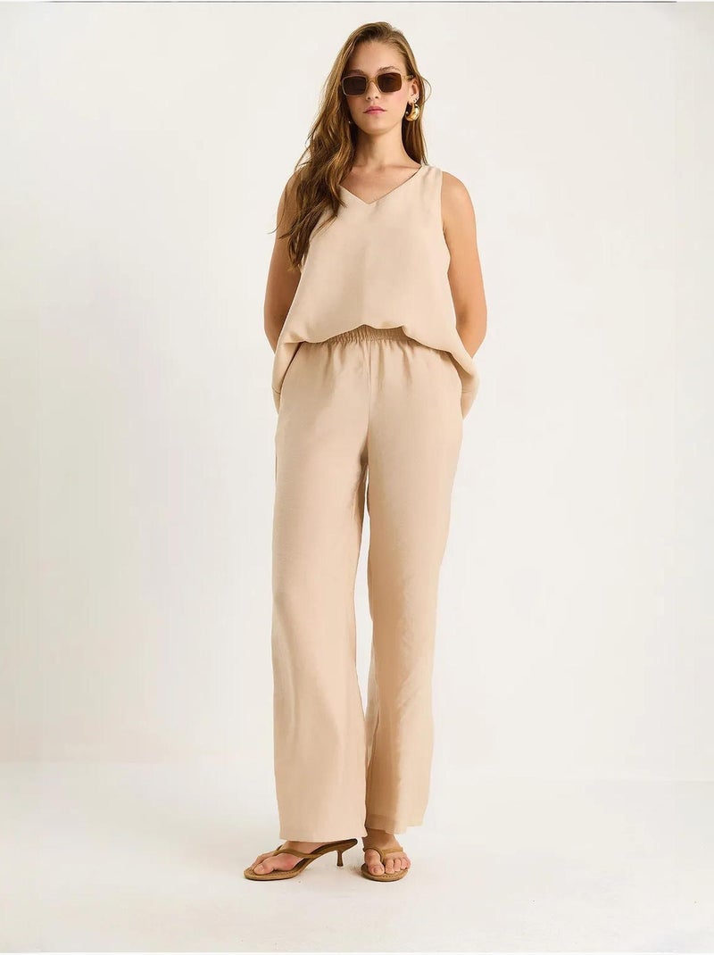 Ensemble deux pièces : chemisier à bretelles et col en v, pantalon palazzo lucci Beige argile - Kiabi