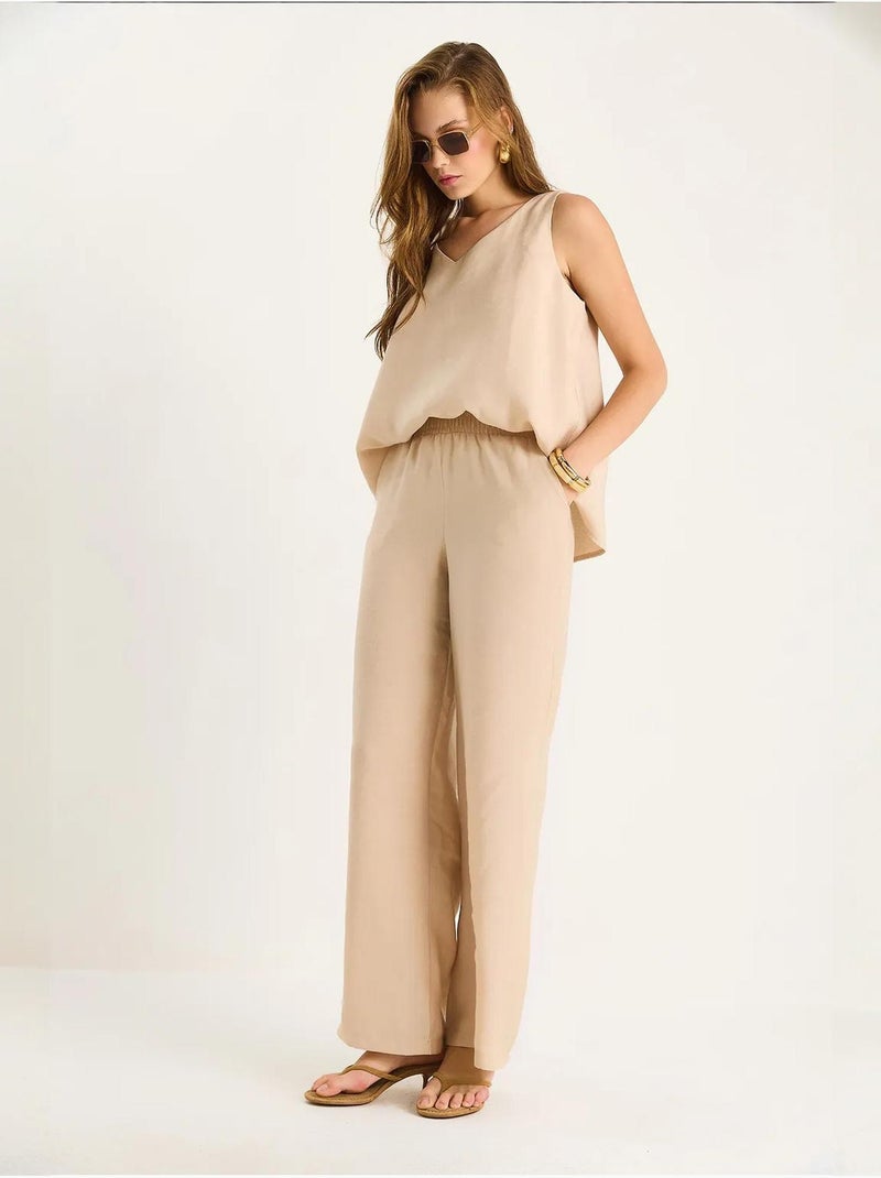 Ensemble deux pièces : chemisier à bretelles et col en v, pantalon palazzo lucci Beige argile - Kiabi