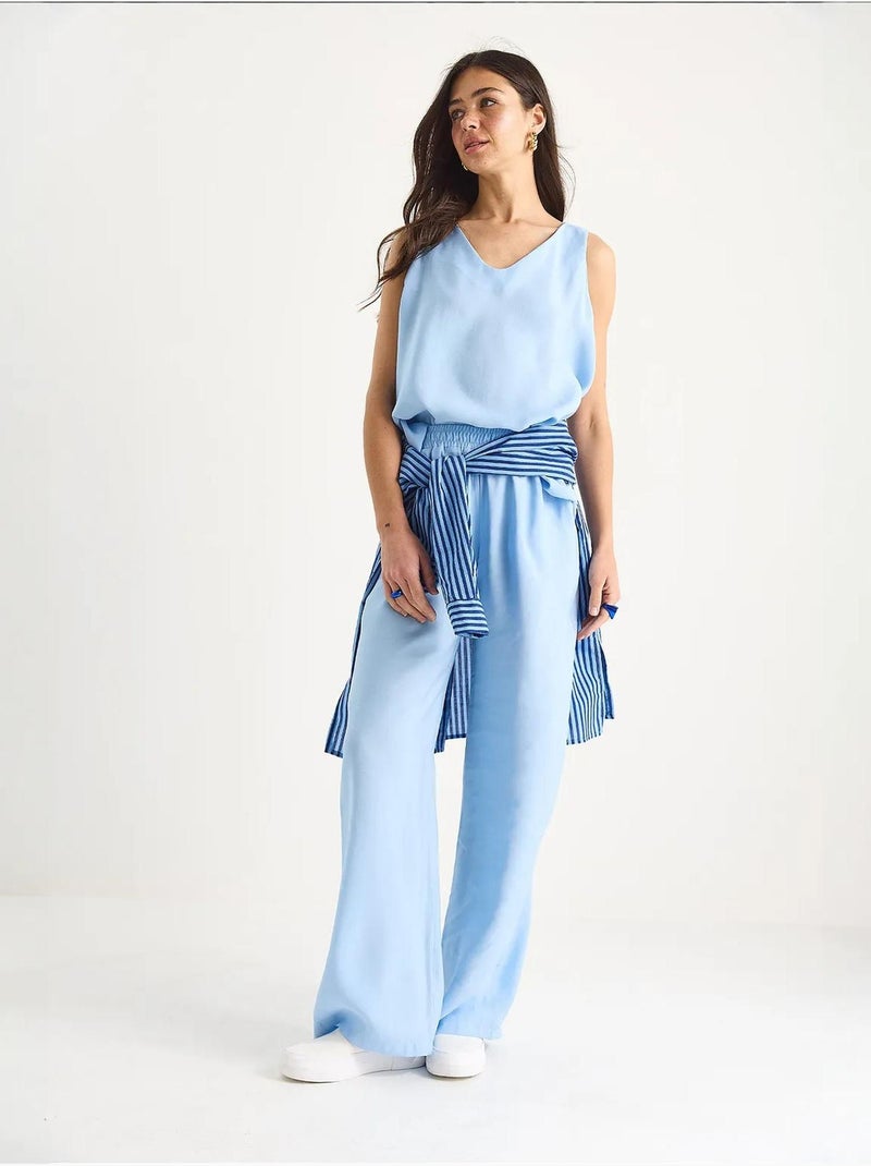 Ensemble deux pièces : chemisier à bretelles et col en v, pantalon palazzo lucci Bleu ciel - Kiabi