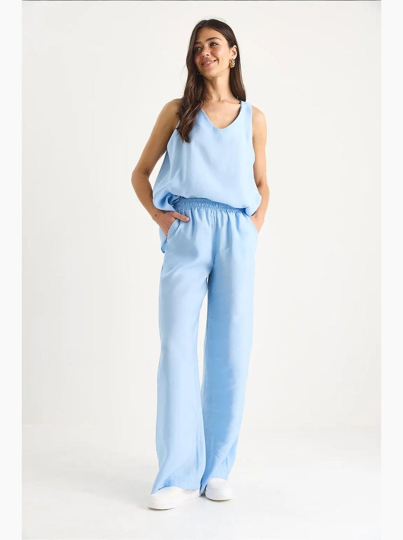 Ensemble deux pièces : chemisier à bretelles et col en v, pantalon palazzo lucci Bleu ciel - Kiabi